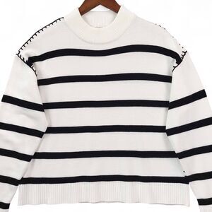 Tahari Sweater Womens XL White Black Striped Breton Mock Neck Drop Shoulder Knit